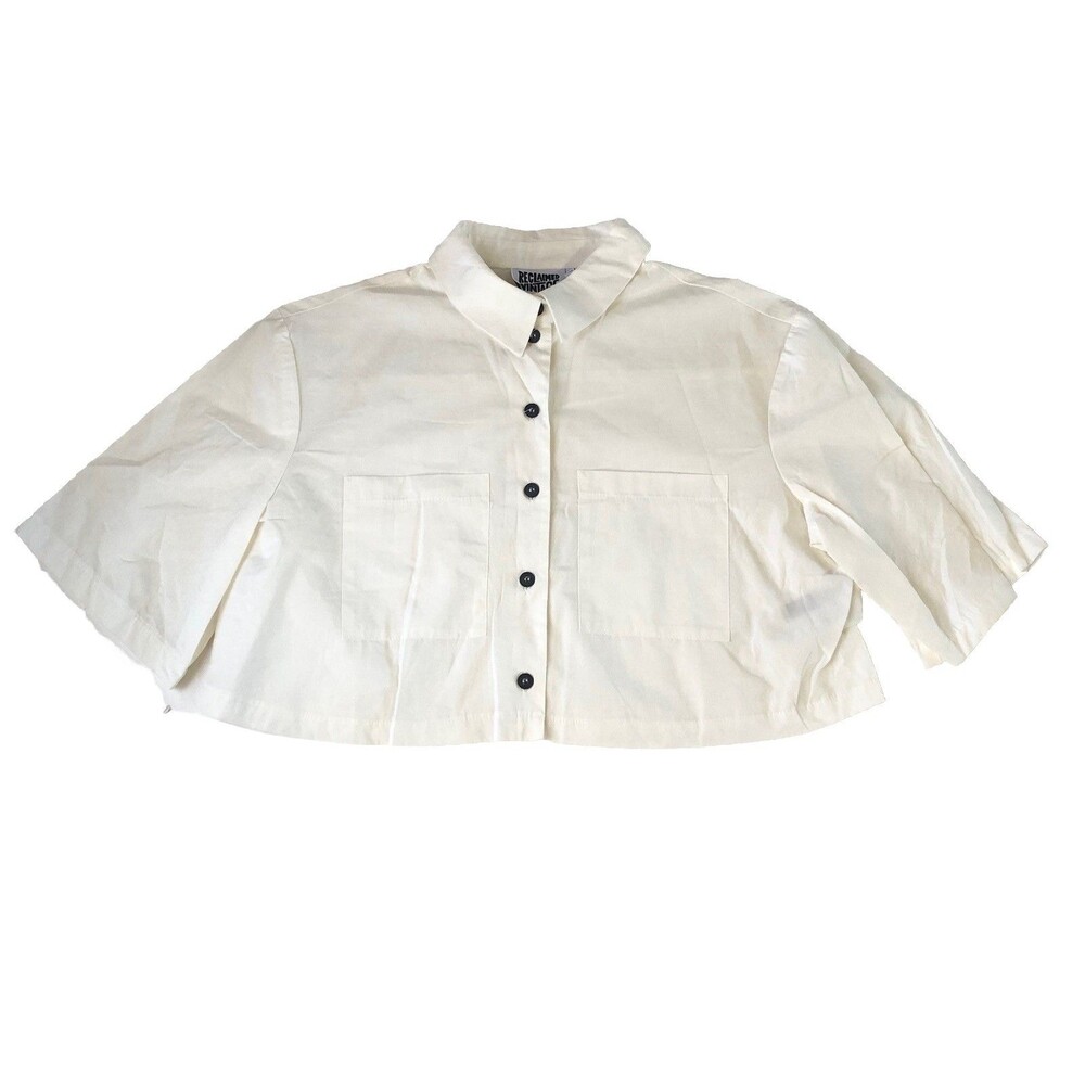 Reclaimed Vintage Women’s Cream Button Down Blouse Pockets Short Sleeve Size 10